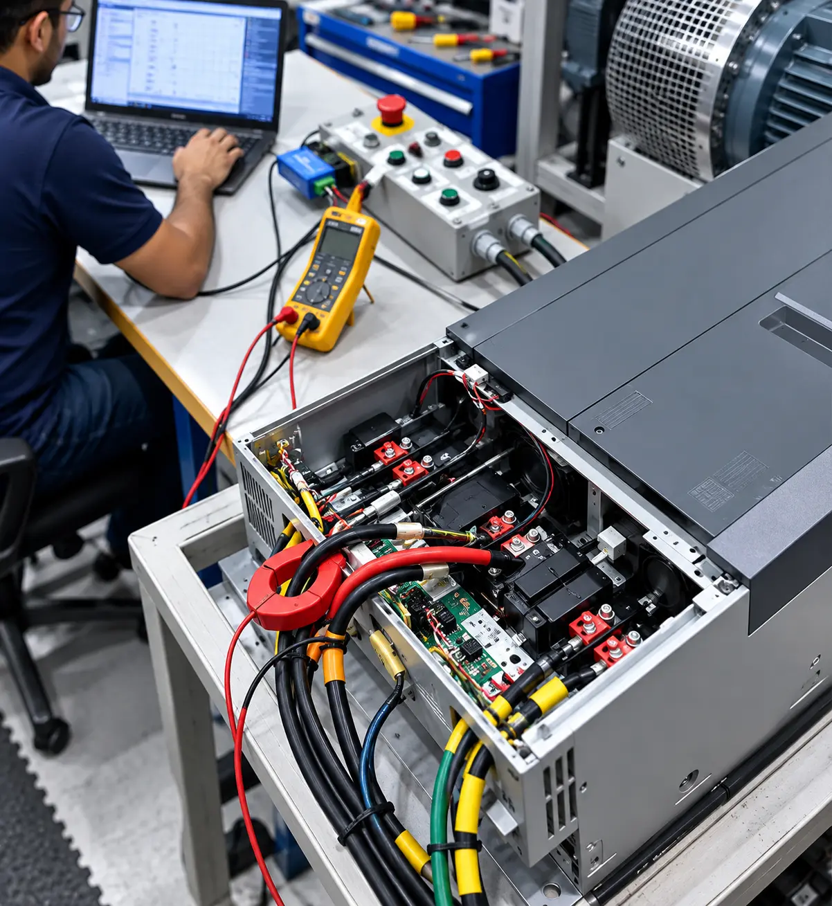 Engineer diagnosing drive electronics on workbench