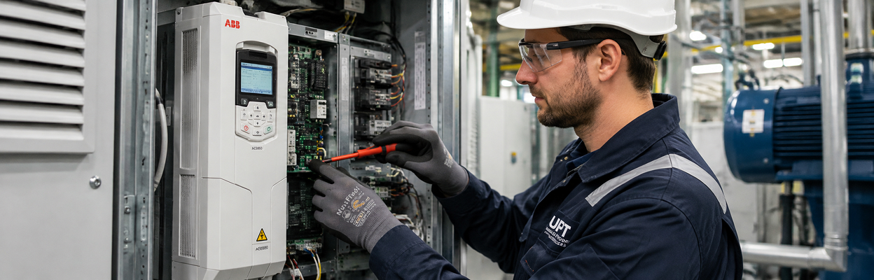 Technician conducting comprehensive component level diagnostic on industrial control panel
